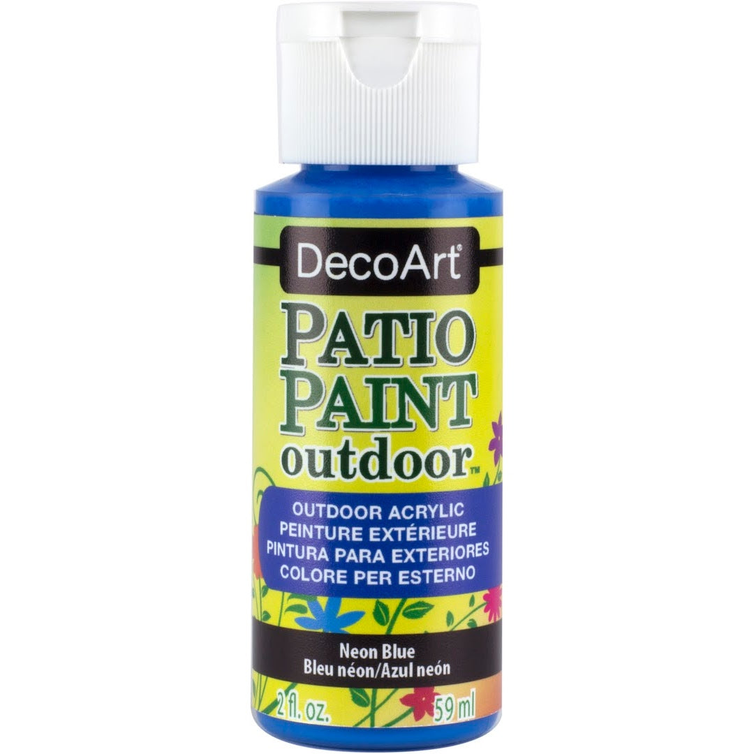 DecoArt Neon Pink Patio Paint outdoor acrylic neon paint in 2 oz bottle, suitable for outdoor surfaces and vibrant decorating.