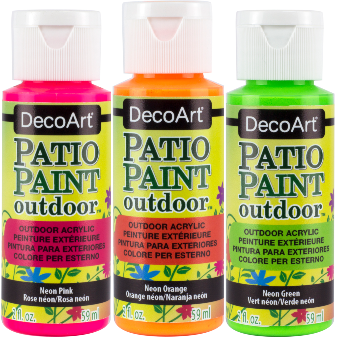 DecoArt Patio Paint outdoor acrylic neon pink paint in 2 oz container, ideal for vibrant outdoor creative projects