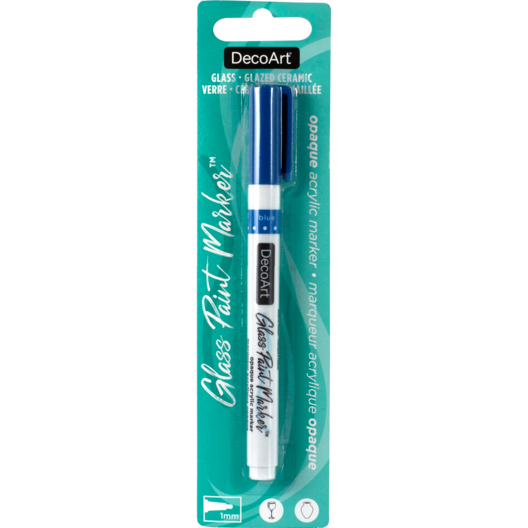 DecoArt silver opaque glass paint markers with fine tips for decorating glass surfaces and creating detailed designs.