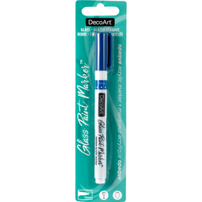 DecoArt silver opaque glass paint markers with fine tips for decorating glass surfaces and creating detailed designs.