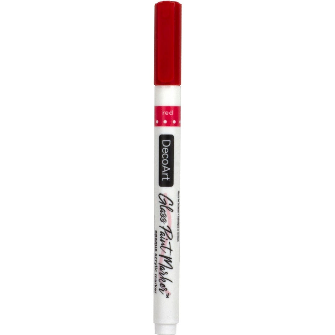 DecoArt silver opaque glass paint markers with fine tips for decorating and writing on glass surfaces.