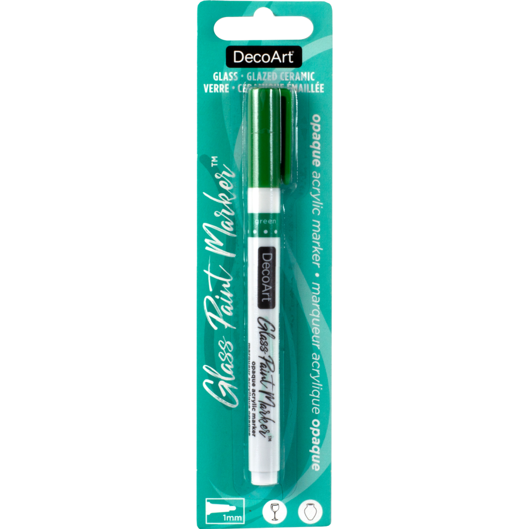 Silver opaque glass paint markers by DecoArt, showcasing a set of durable, vibrant markers for decorating glass surfaces.