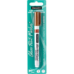 DecoArt silver opaque glass paint markers shown with silver ink tips on transparent glass surface.