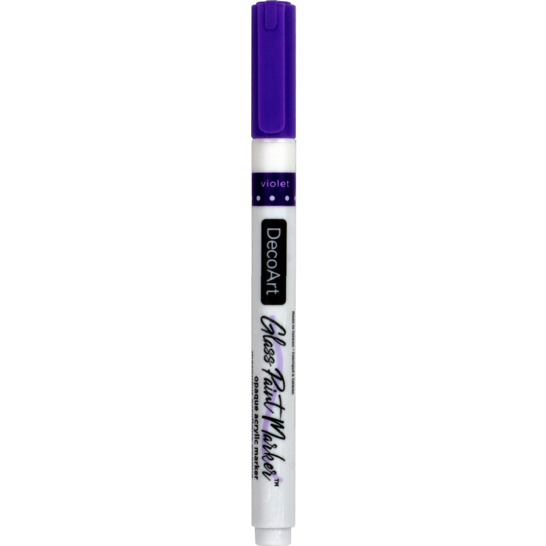 DecoArt opaque silver glass paint markers with fine tips for decorating and customizing glass surfaces.