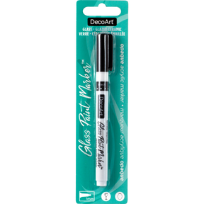 Silver opaque glass paint markers by DecoArt, featuring fine tips for detailed decorating on glass surfaces.