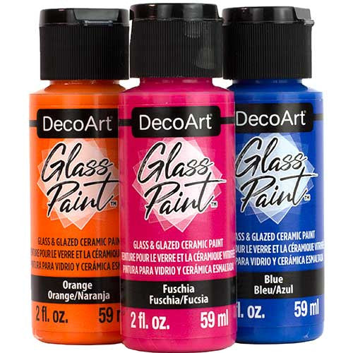White DecoArt Glass Paint in a 2 oz bottle, ideal for decorating and customizing glass surfaces with vibrant, durable color.