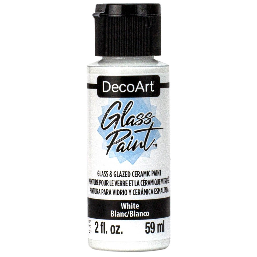 White DecoArt Glass Paint in a 2 oz bottle, suitable for decorating glass surfaces with vibrant, opaque color.