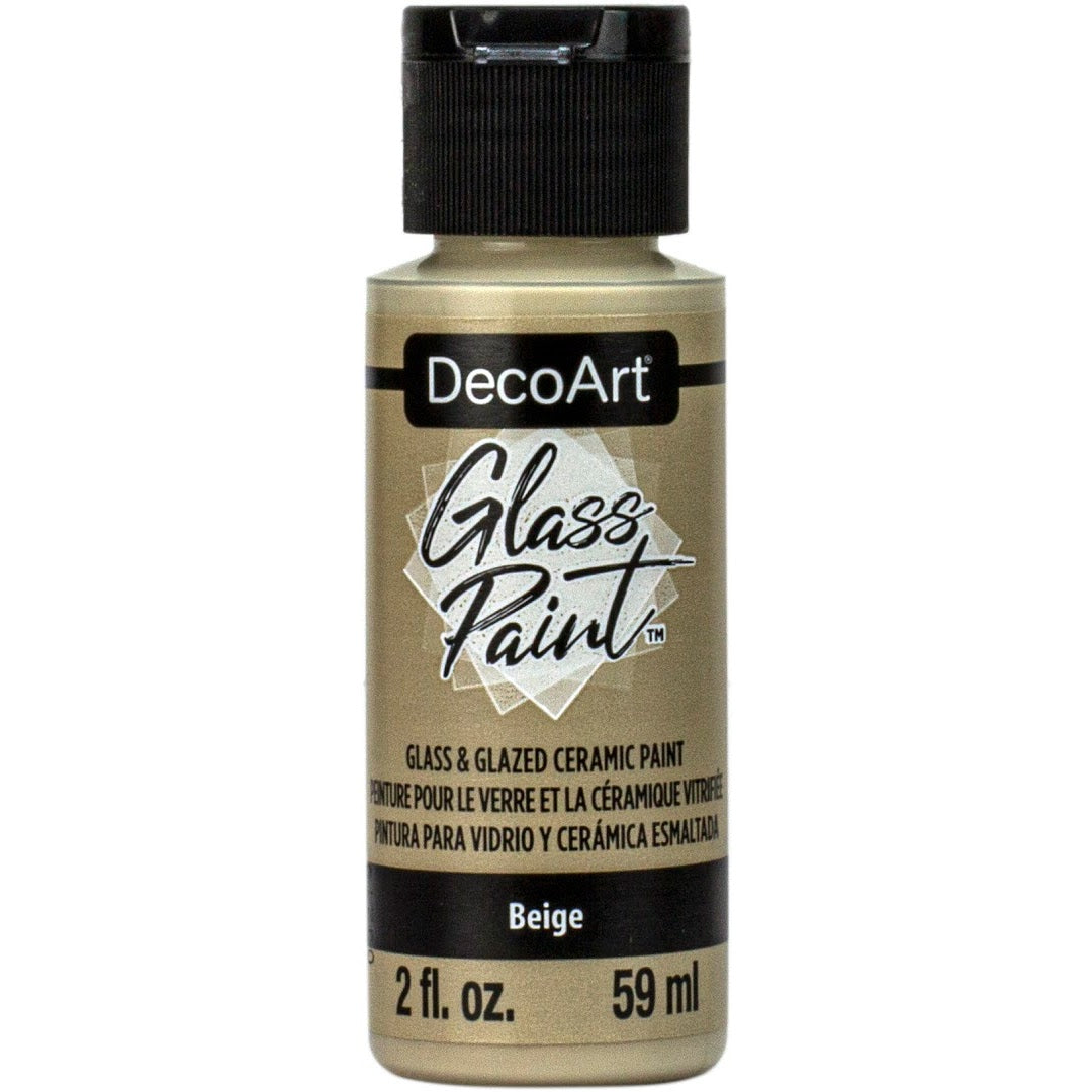 White DecoArt Glass Paint in 2 oz bottle, suitable for decorating and creating vibrant designs on glass surfaces.