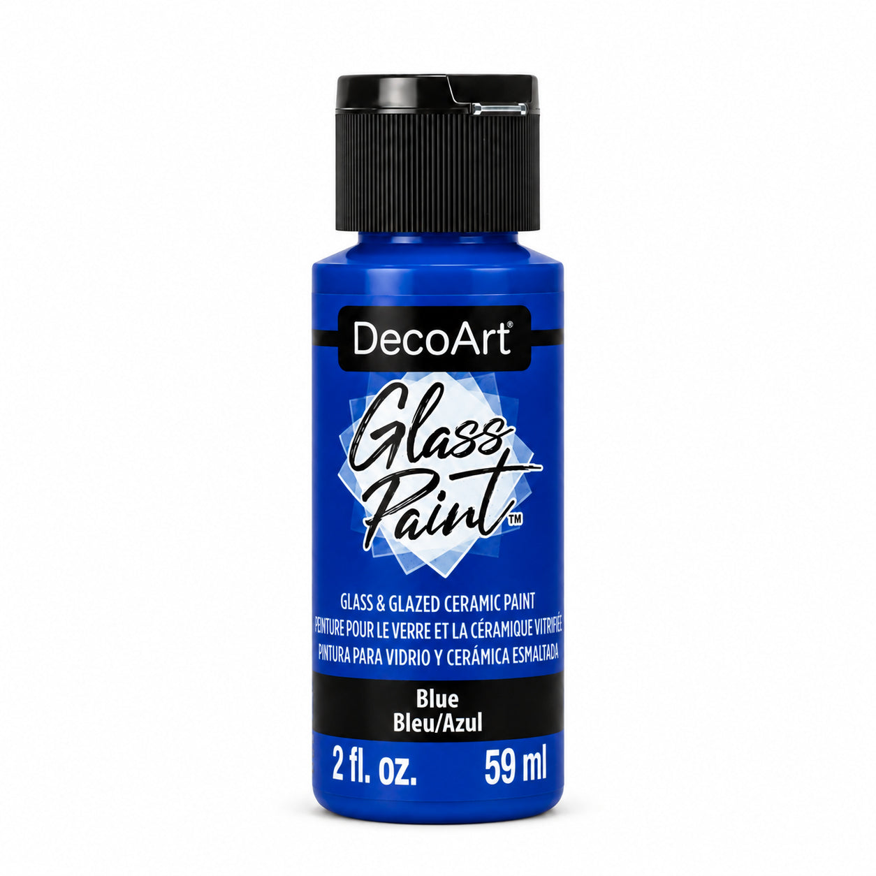 DecoArt blue glass paint in a 2 oz bottle with white cap