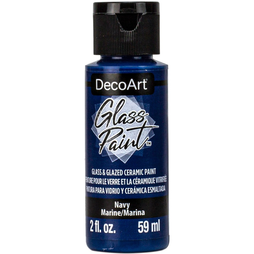 White DecoArt Glass Paint in a 2 oz bottle, designed for vibrant, durable glass surface decorating and artistic projects.