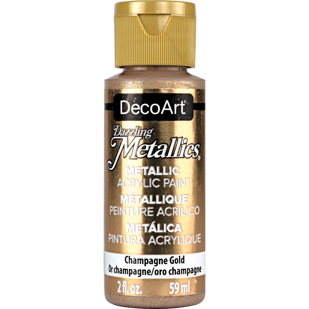 DecoArt Dazzling Metallics White Pearl acrylic paint in a 2 oz jar with a shimmering metallic finish.