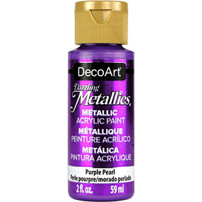 White Pearl Dazzling Metallics acrylic paint by DecoArt in a 2 oz bottle, showcasing a shimmering metallic finish.