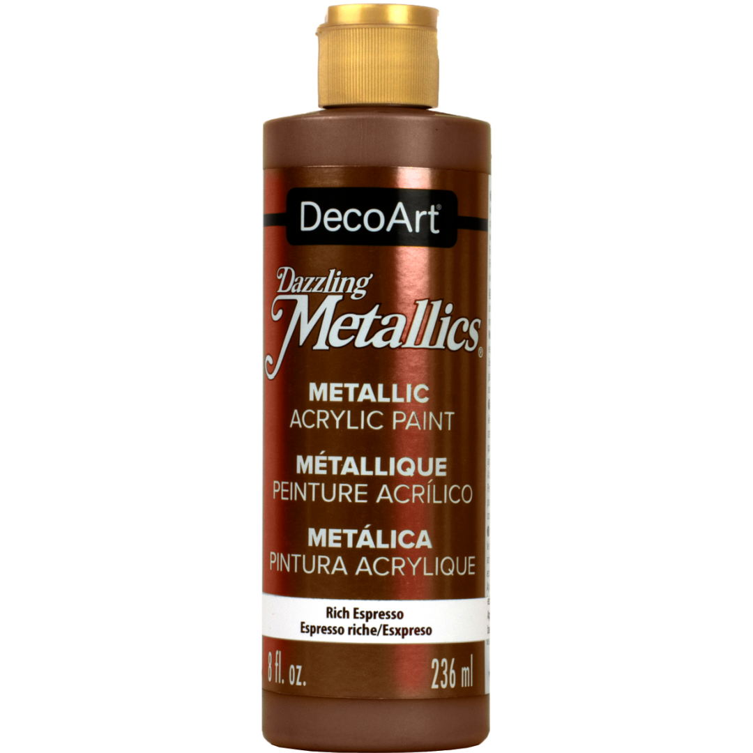 White Pearl Dazzling Metallics acrylic paint by DecoArt in a 2 oz bottle, showcasing a shimmering metallic finish.