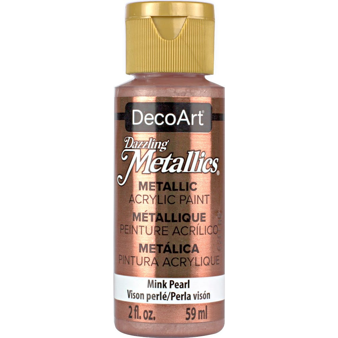 White Pearl Dazzling Metallics acrylic paint by DecoArt in a 2 oz bottle with a shimmering metallic finish.