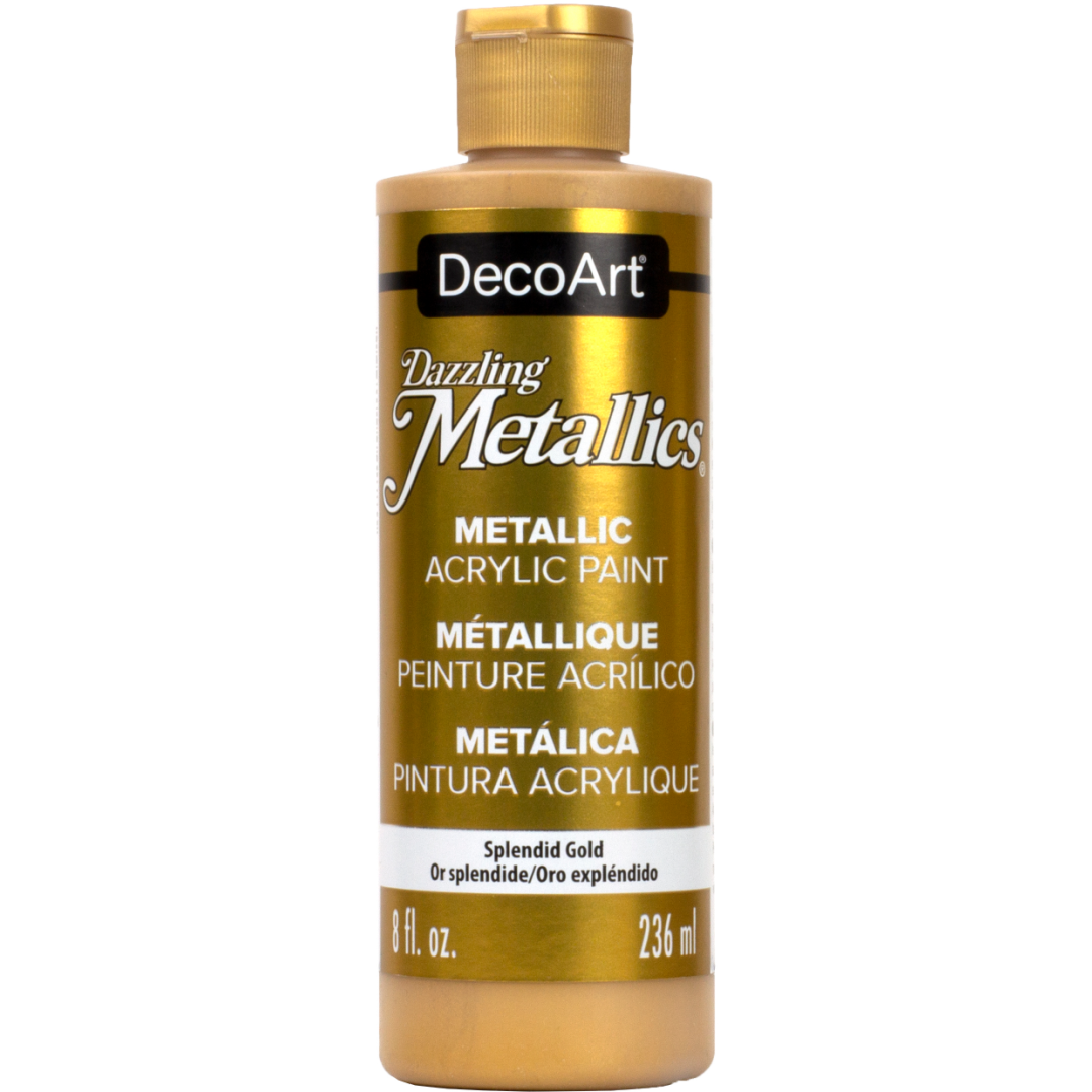 White Pearl Dazzling Metallics acrylic paint by DecoArt in a 2 oz bottle, showcasing a shimmering, pearlescent finish.