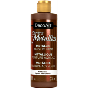 White Pearl Dazzling Metallics acrylic paint by DecoArt in a 2 oz bottle, showcasing its shiny, iridescent finish.
