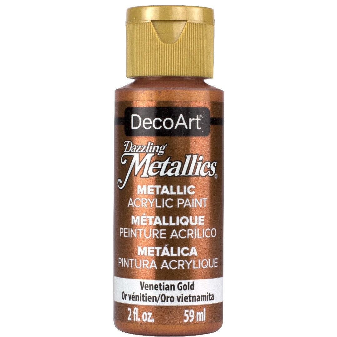 White Pearl Dazzling Metallics acrylic paint by DecoArt in a 2 oz bottle with a shimmering metallic finish.