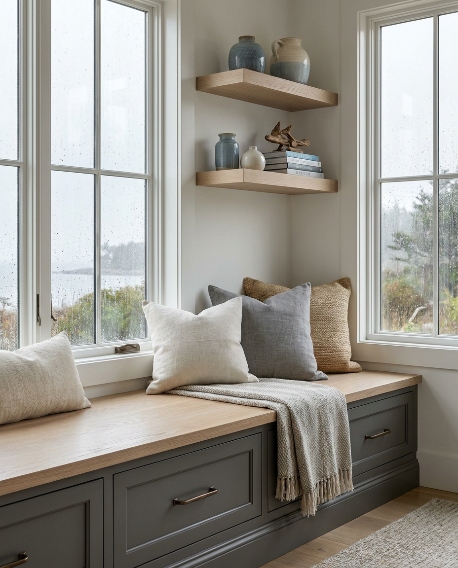 Nook with wooden bench, cushions, and shelves by a window with a view of water.