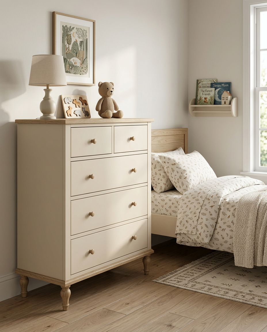 Children's bedroom with a chest of drawers, bed, and shelves.