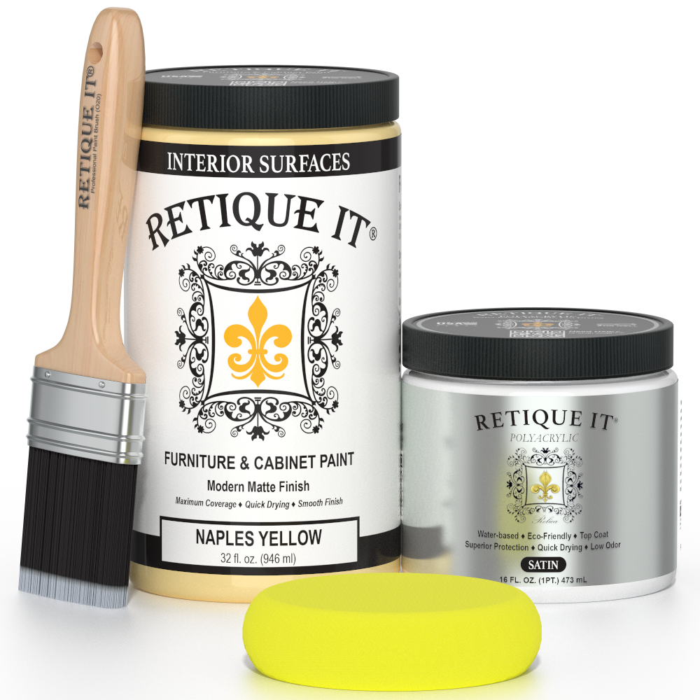 Retique It furniture paint with a brush and sample on a white background