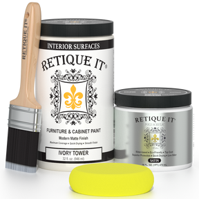 Retique It furniture paint with a brush and sample on a white background