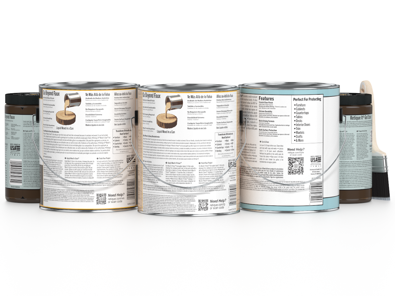 Retique It® Wood'n Finish Kit with four large charcoal interior top coats, showing applicator brushes and wood surface.