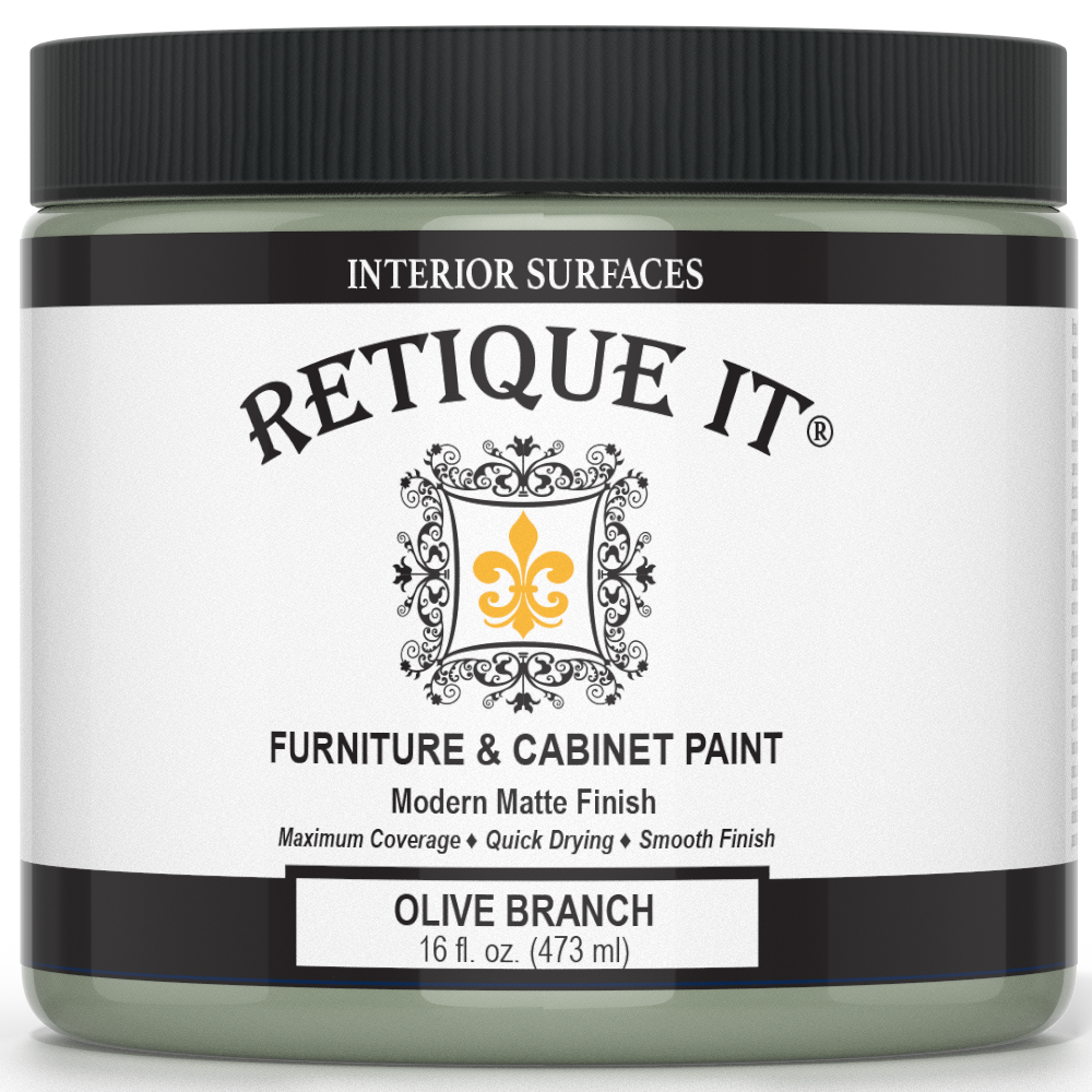Jar of Retique It furniture and cabinet paint in Olive Branch color