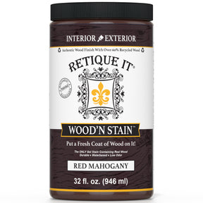 Retique It® Wood'n Stain in Red Mahogany showing a close-up of the rich, deep red wood stain on a wooden surface.