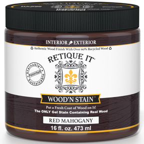 Retique It® Wood'n Stain in Red Mahogany, showcasing the rich, deep red-brown stain applied to wood surface.