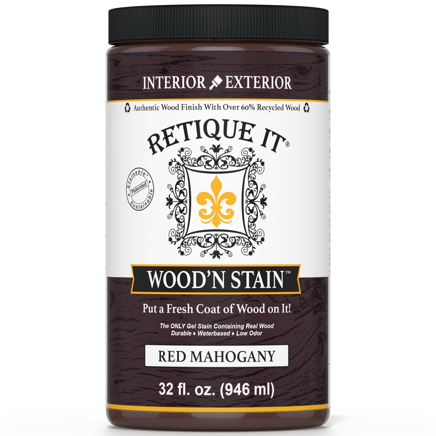 Retique It® Wood'n Stain in Red Mahogany, showing a close-up of the rich, deep red wood stain on a wooden surface.