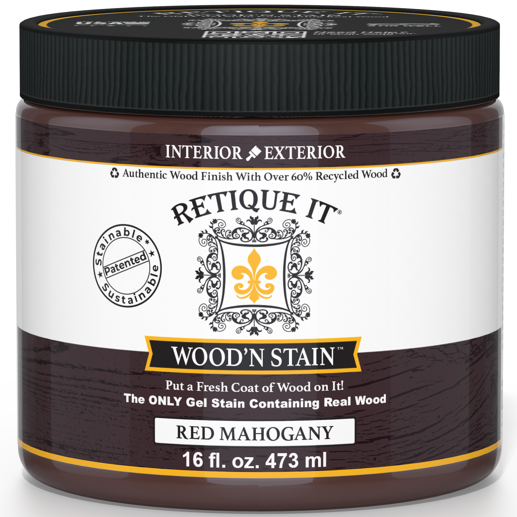 Retique It® Wood'n Stain in Red Mahogany, showcasing a wood surface with rich red mahogany stain application.