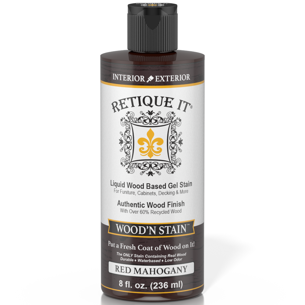 Retique It® Wood'n Stain in Red Mahogany, showing a wood surface with rich red-brown stain applied for a polished finish.