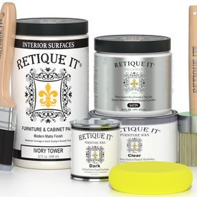 Retique It furniture care products including paint, wax, and finish on a white background