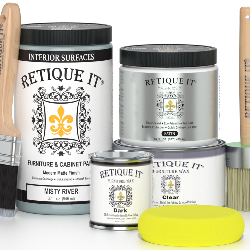 Retique It® furniture and cabinet paint in Misty River quart, showcasing smooth, satin finish for furniture projects.