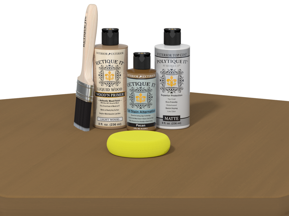 Retique It® Multi-purpose Smooth Finish Kit in Pecan for exterior wood projects, featuring satin top coat and wood finishing tools.