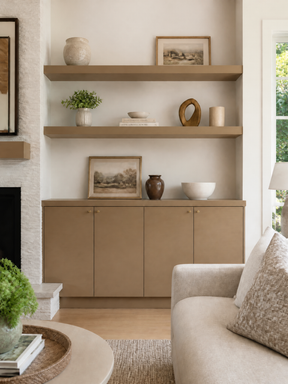 Neutral living room with a light wood cabinet and shelves.