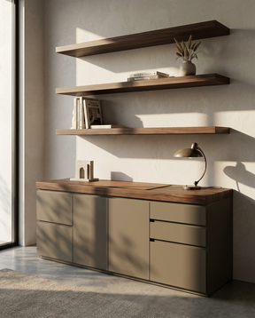 Modern interior with wooden shelves and a sideboard against a neutral wall.