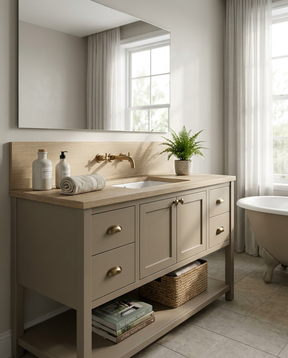 Bathroom vanity with wooden countertop, sink, and decor elements.