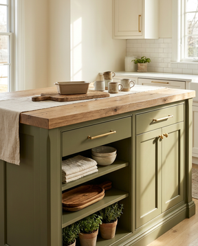 Kitchen island with wooden countertop and green base cabinets, featuring various kitchen items.
