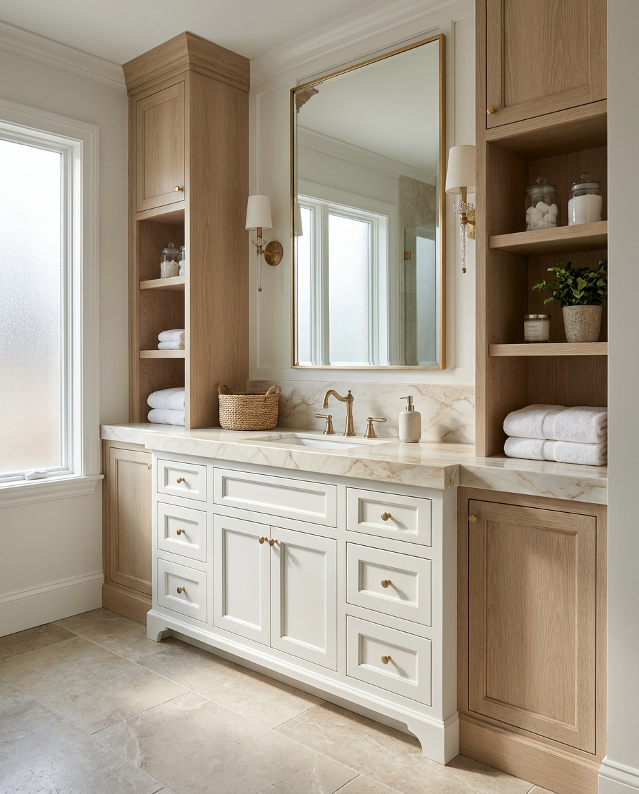Bathroom vanity with wooden cabinets, marble countertop, and large mirror.