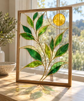 DecoArt Stained Glass Paint in red displayed beside a lemon botanical stained-glass panel