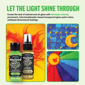 DecoArt stained glass paint complete set with vibrant colors and brushes for creating colorful stained glass art projects.