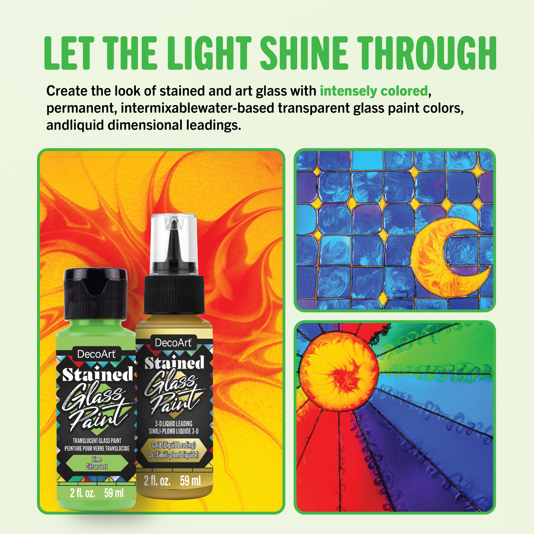 DecoArt stained glass paint set with 3-D liquid leadings, includes vibrant colors for creating stained glass art projects.