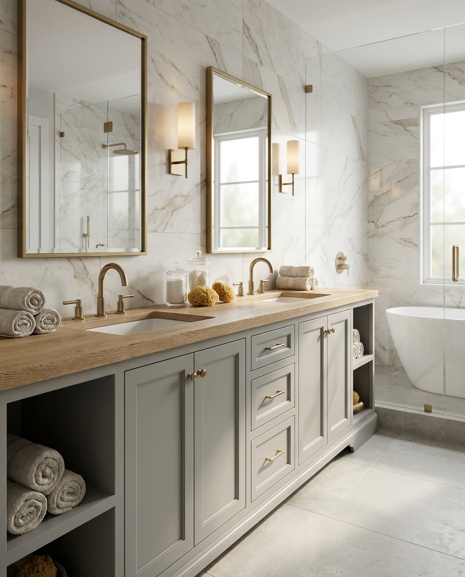 Modern bathroom with marble walls, wooden vanity, and bathtub.