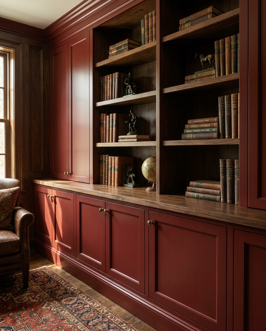Wooden bookshelf with books and decor in a room with a window and rug.