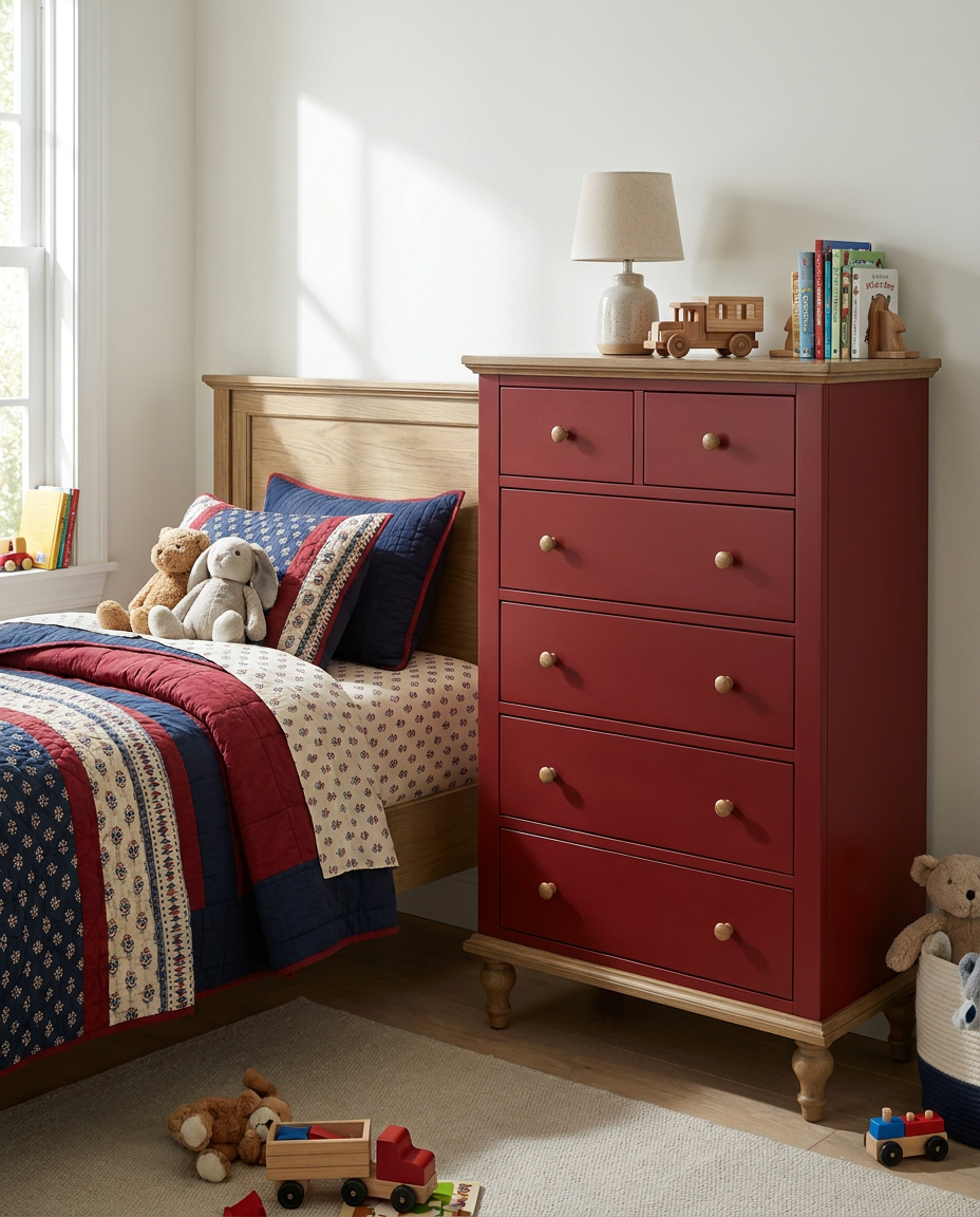 Children's bedroom with a red dresser, bed, and toys.