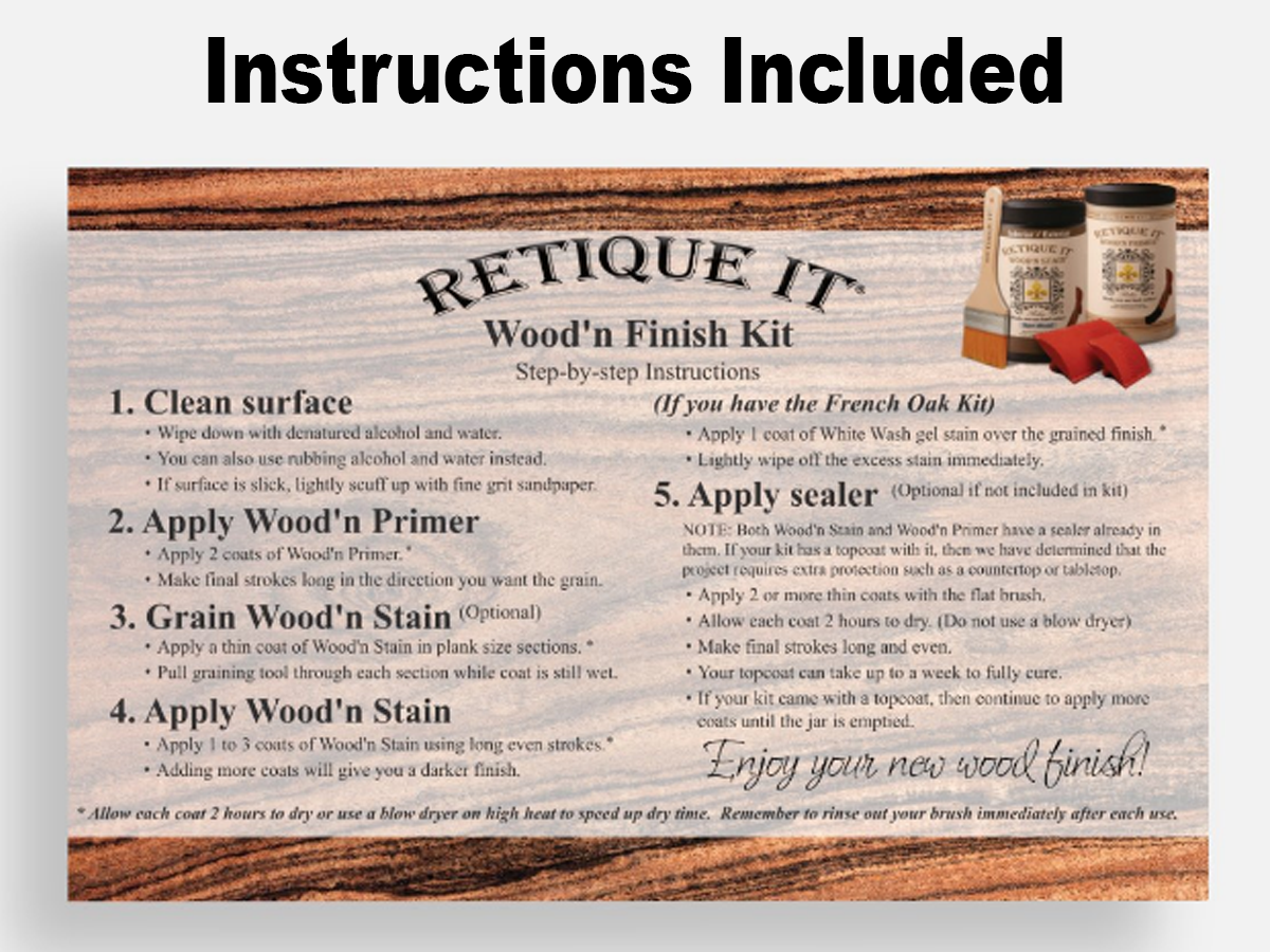Retique ItÂ® Wood'n Kit Multi-purpose Top Coat in Red Mahogany, featuring application instructions and wood finishing tools.