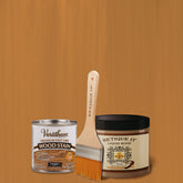 Retique It Liquid Wood Kit with Golden Oak oil-based stain, showing a brush applying the stain on wood surface.