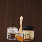 Retique It Liquid Wood Kit with Kona oil-based stain showing a brushed wood surface for staining and finishing.