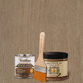 Retique It Liquid Wood Kit with Briarsmoke oil-based stain showing brushed wood surface and stain application tools.